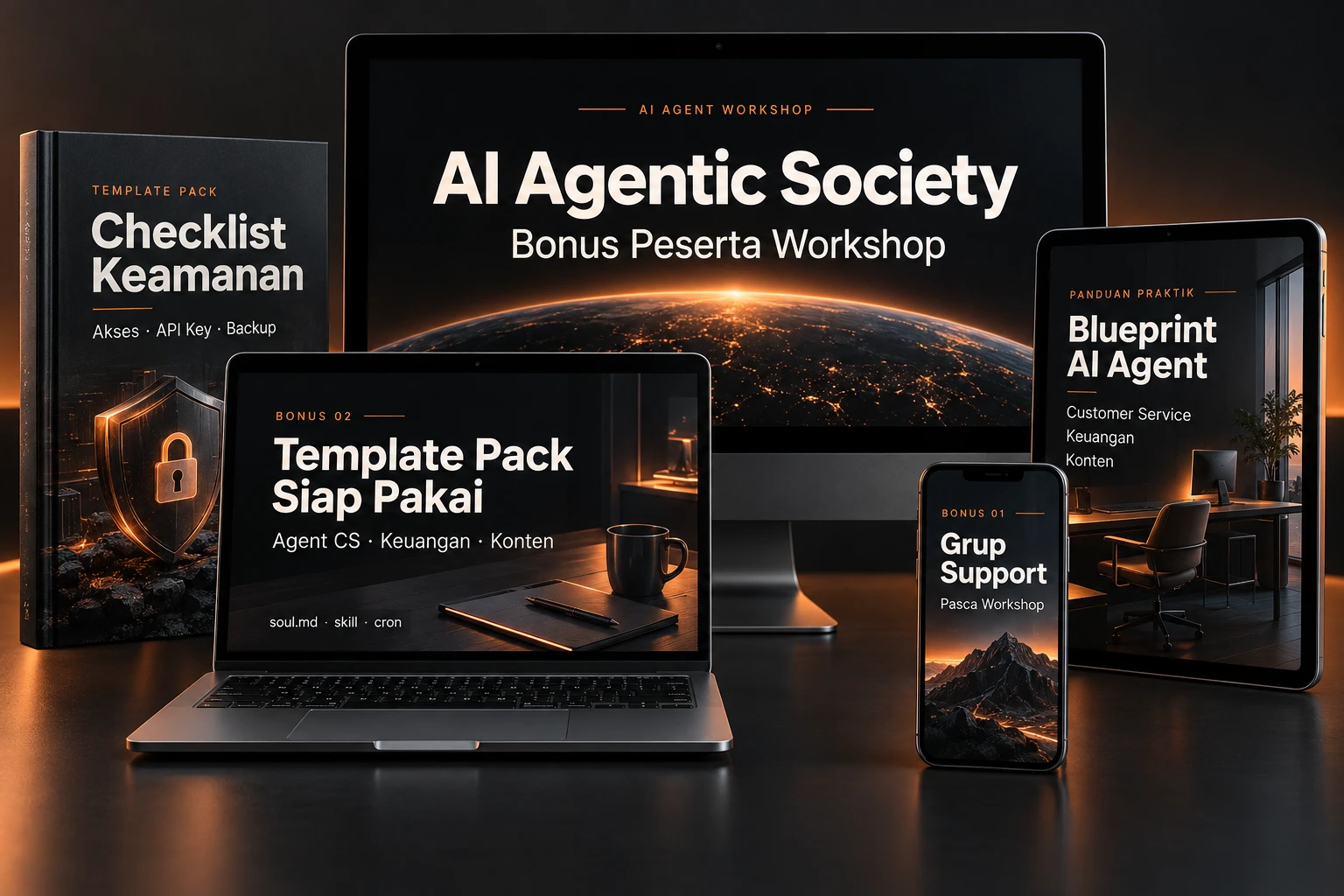Bundle AI Agentic Society: grup support, template agent CS, keuangan dan konten, serta checklist keamanan.